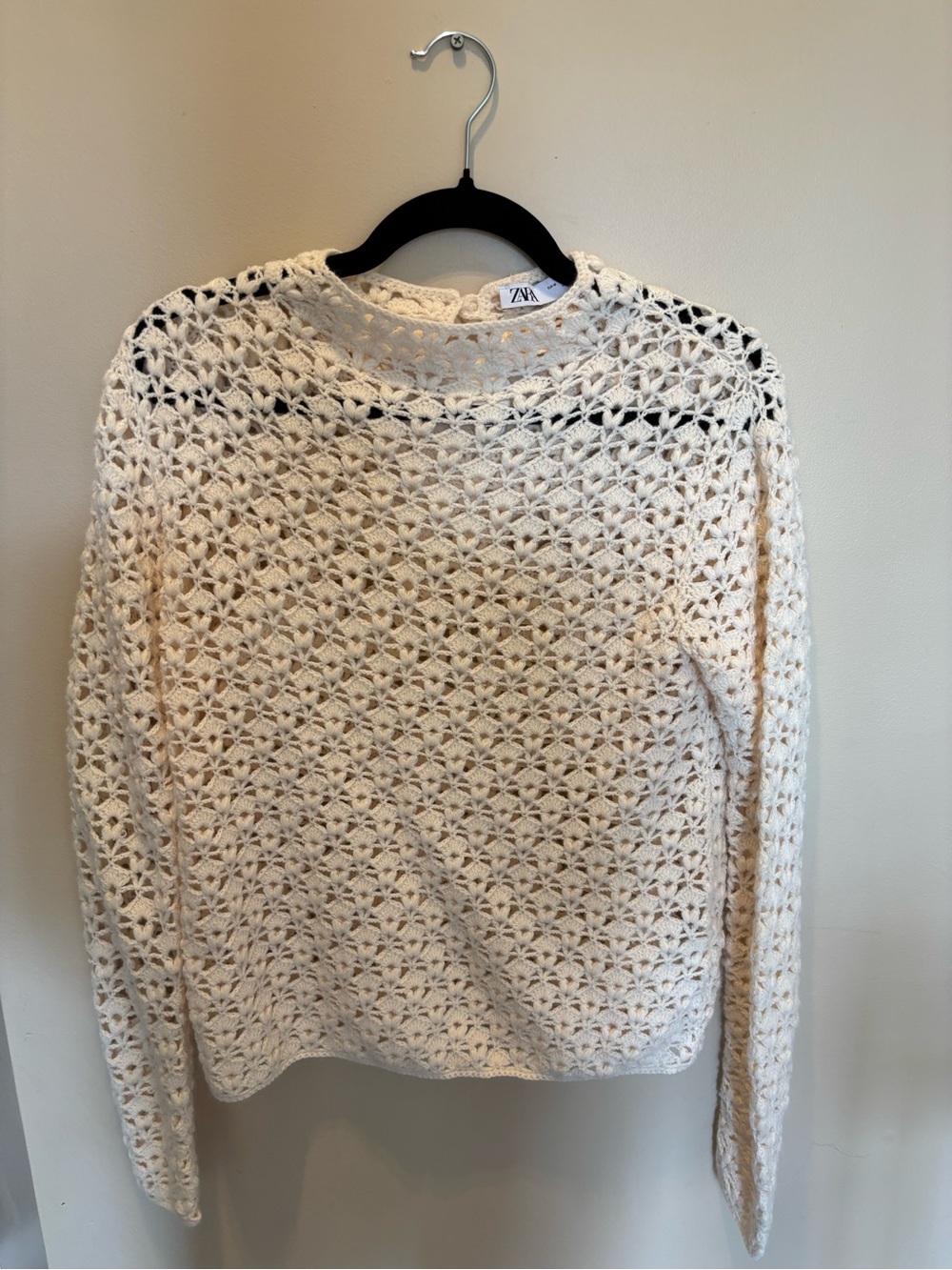 Zara Cream Openwork Crochet Crewneck Sweater